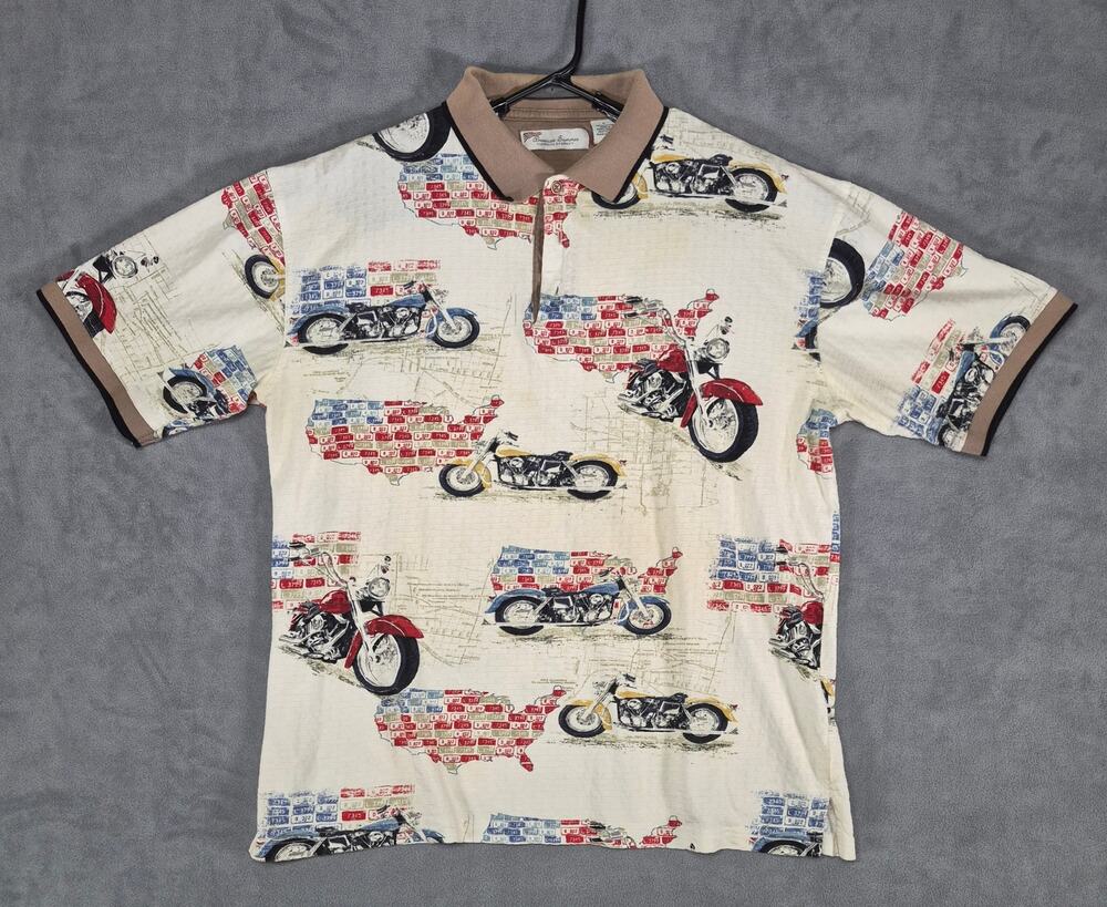 American Summer Clothing Company Polo Shirt Men's Large Motorcycle USA Map Print
